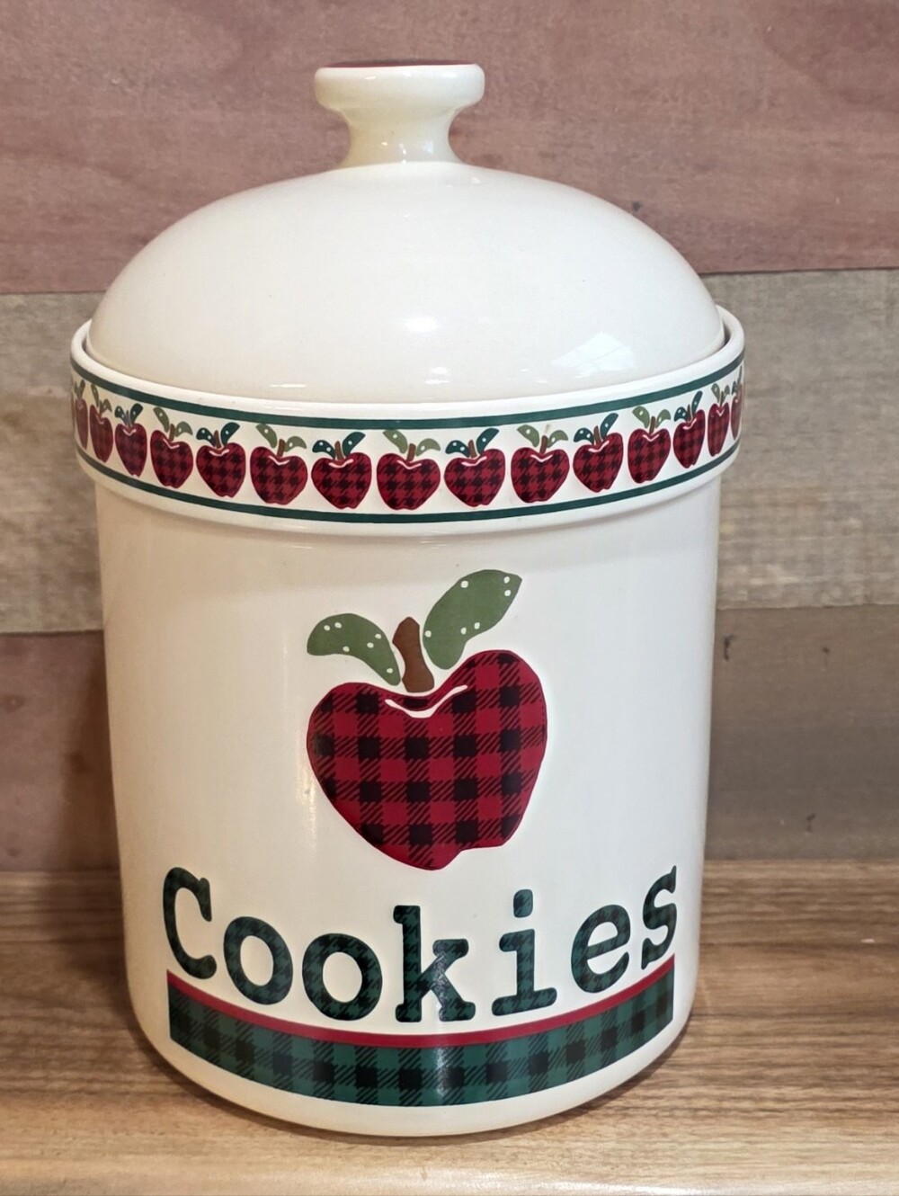 Apple Ceramic Cookie Jar by AppleJack in White with Red and Green Plaid Accents
